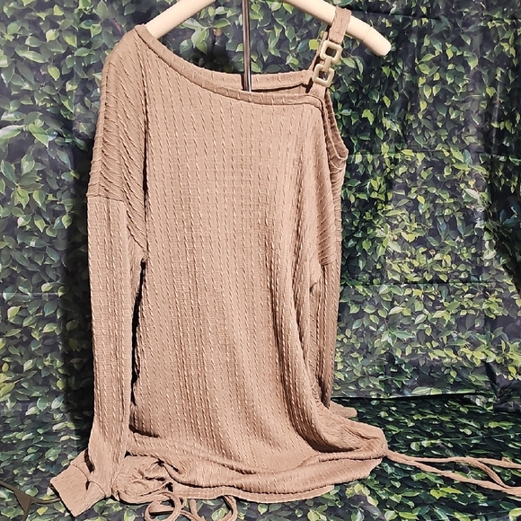Beige Long Sleeve Knit Dress W/ Drawstring Detail - Picture 1 of 4